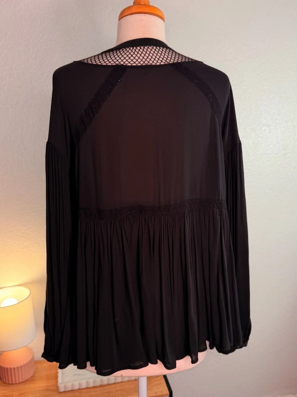 Free People Black Lace-Up Mesh Inset Peasant Blouse